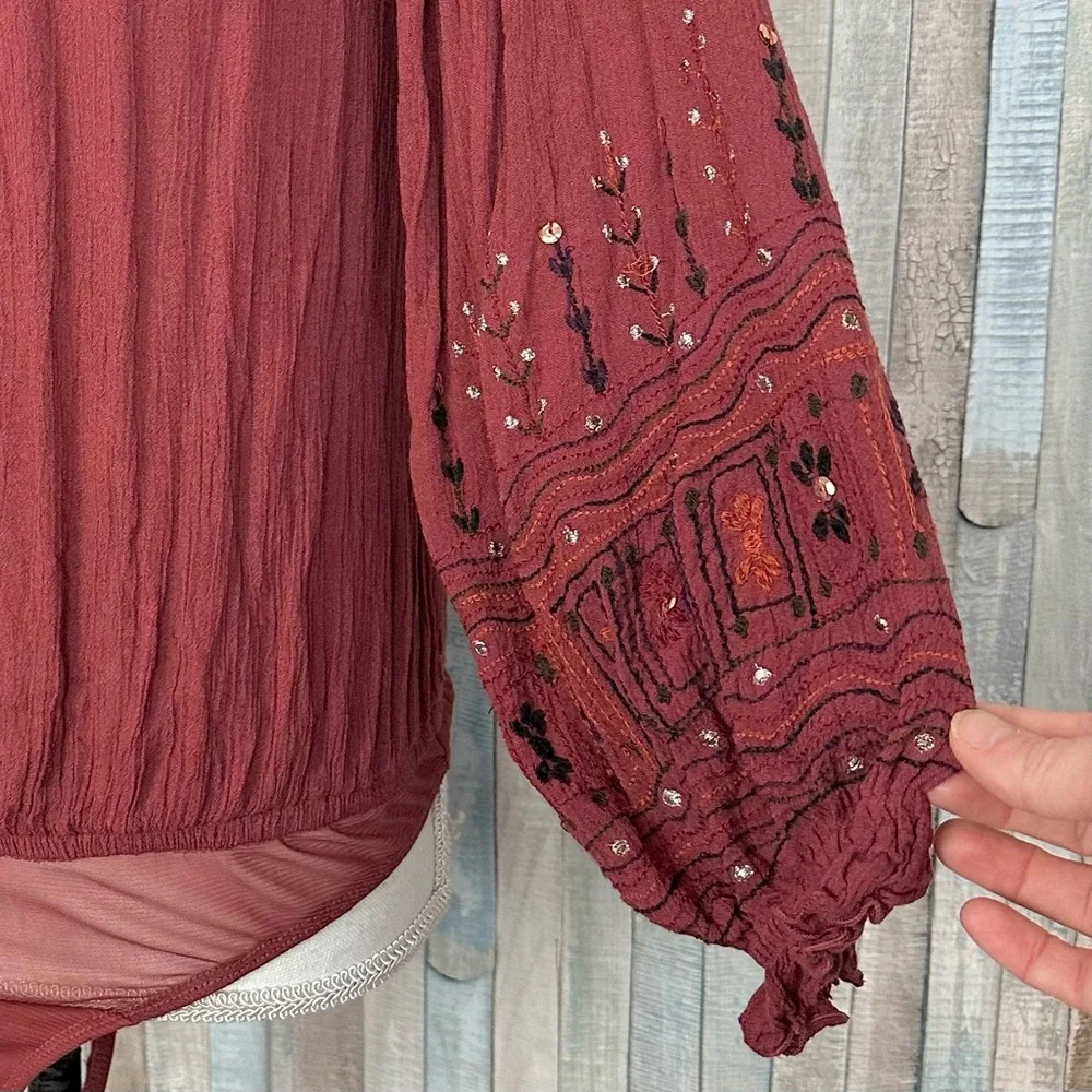 Free People S Red Gauze Embroidered Balloon Sleeve Ella Bodysuit Top Blouse Boho